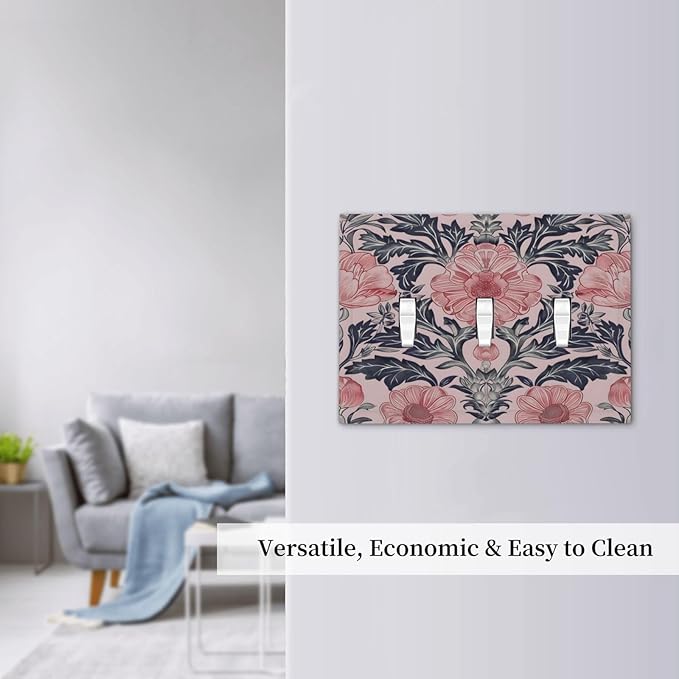 Pink Floral Vintage Botanical Boho Flower Decorative Switch Plates 3 Gang Wall Plate Triple Toggle Light Switch Cover Faceplate Electrical Wall Panels for Farmhouse Home Decor