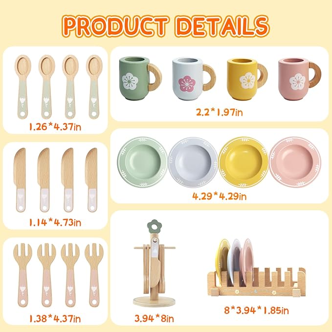 Play Dishes for Kids Kitchen, Wooden Play Kitchen Accessories, Play Plates and Cups for Kids Kitchen , Play Kitchen Dishes for Toddlers Boys and Girls 3 4 5 6