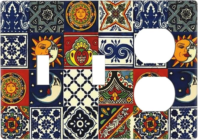 Colorful Boho Mexican Tiles 3-Gang 2-Toggle 1-Duplex Receptacle Combination Light Switch Decorative Mandala Moon and Sun Witchy Gothic Triple Combo Device Switches/Rocker Outlet Covers and Wall Plate