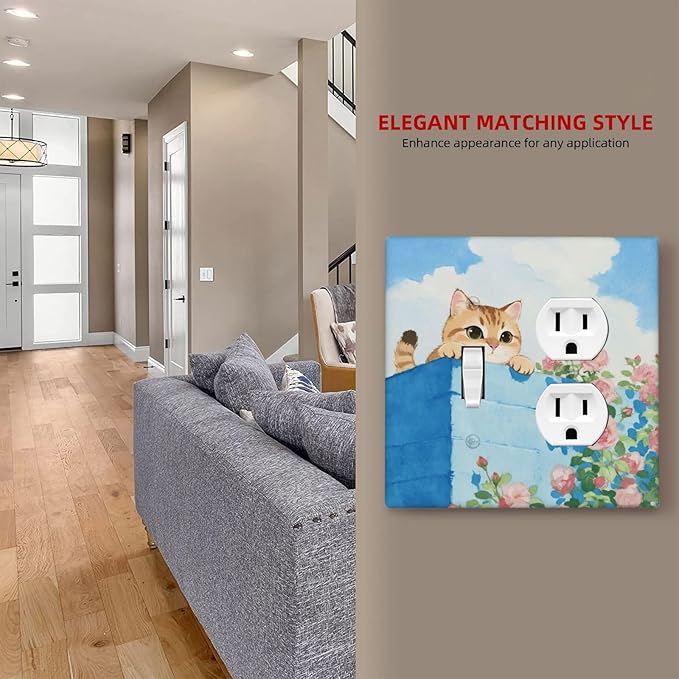 Cat Flower Single Toggle Duplex Combo Outlet Wall Plate Decorative 2 Gang Light Switch Covers Electrical Switchplate Home Decorate Faceplat for Bathroom Bedroom Kitchen Room 4.5 x 4.5 Inch