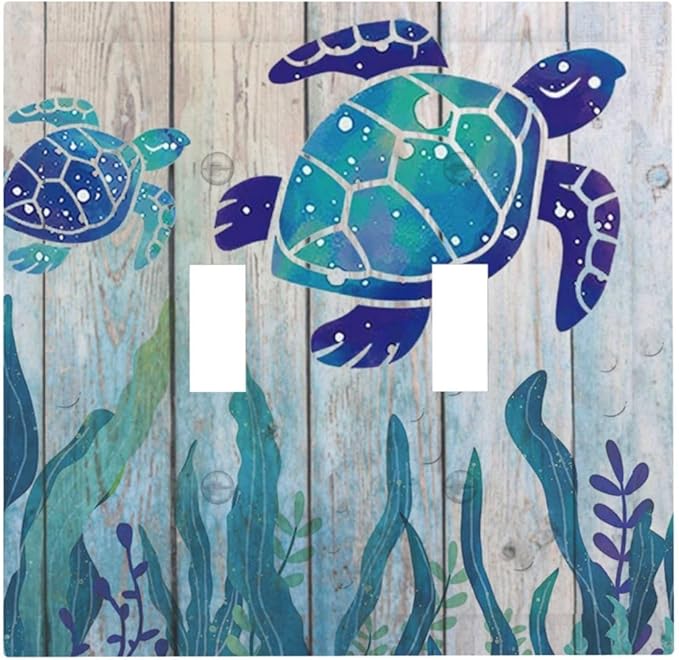 Sea Turtle Grass Seaweed on Rustic Wooden Board 2 Gang Light Switch Plate Decorative Double Toggle Wall Plate Ocean Grass Seaweed Receptacle Switchplate Decorate for Home Living Room Bedroom