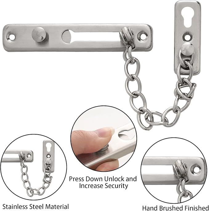 Topbuti Chain Door Guard Lock, 2 Packs Security Door Chain Locks with Spring Button Latch, Hotel Doors Latches Front Doors Locks for Kids Safety (Brushed Silver)