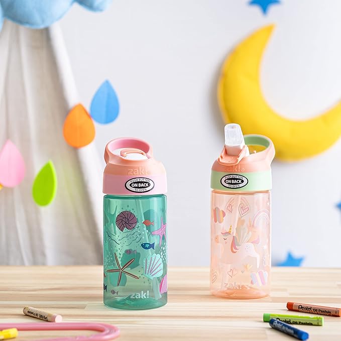Zak Designs 16oz Riverside Kids Water Bottle with Spout Cover and Built-in Carrying Loop, Made of Durable Plastic, Leak-Proof Water Bottle Design for Travel (Unicorn & Shells, Pack of 2)