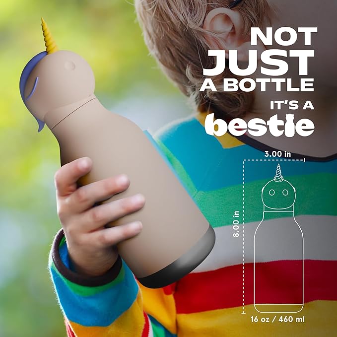 asobu Bestie Bottle Insulated Stainless Steel Water Bottle with Detachable Soft Animal Head Fun Drinking For Kids and Teens with Flexible Reusable Straw 16 Ounce