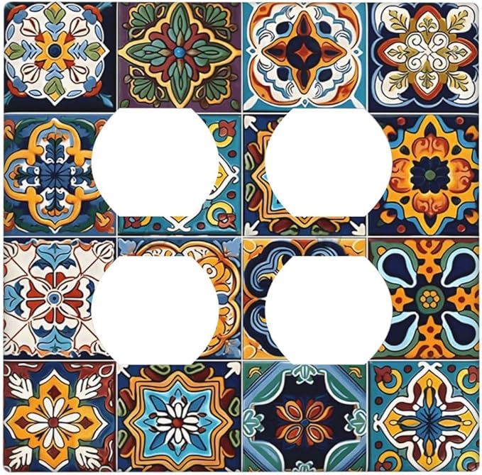 Mexican Talavera Tiles Floral Outlet Covers 2 Gang Double Duplex Decorative Light Switch Covers Electrical Wallplates Socket Faceplate for Bathroom Kitchen Decor