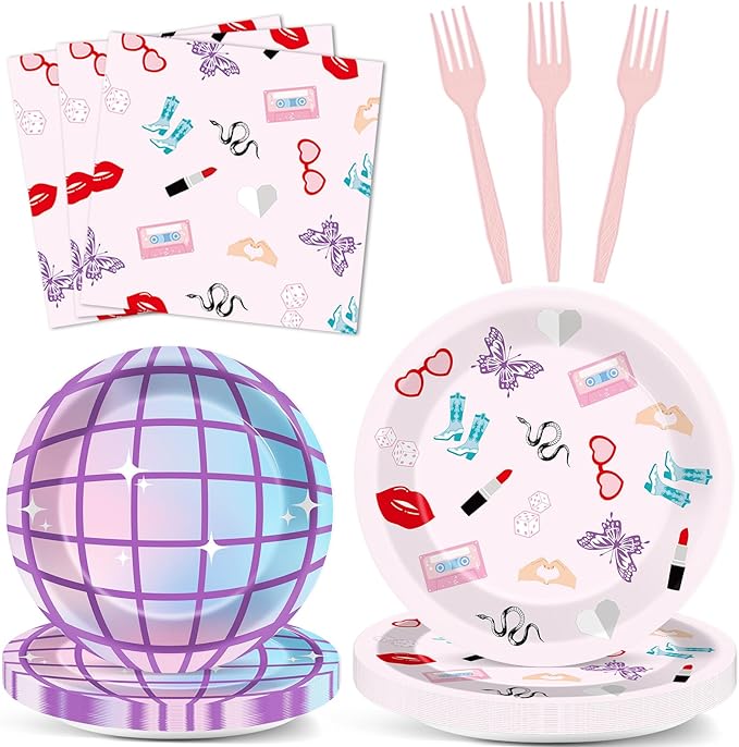 96Pcs Era's Birthday Party Plates and Napkin Women Music Birthday Party Supplies Iridescent Disco Dessert Plates Music Tableware Set for 24 Guest Bachelorette Decorations