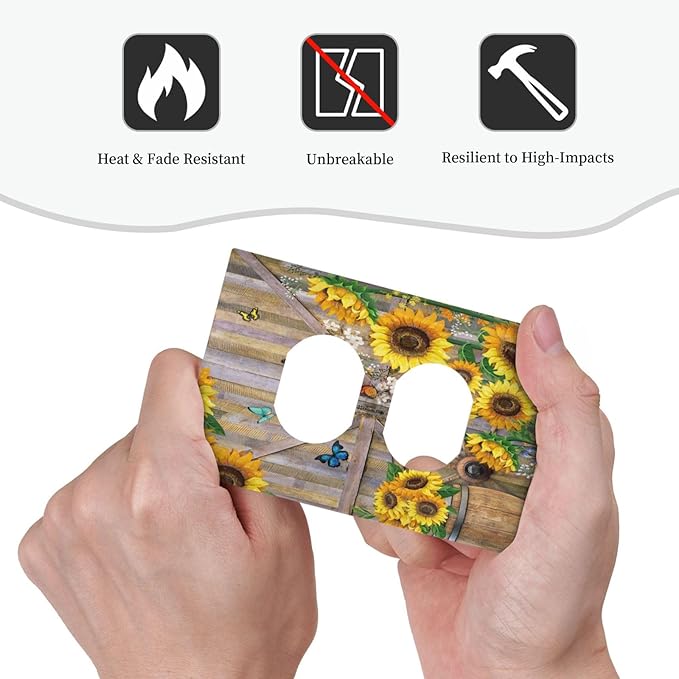 Rustic Sunflower Barn Door Wood Plank 1 Gang Outlet Plate Decorative Single Duplex Wall Plate Covers Electrical Receptacle Light Switch Cover Art Faceplate Switchplate for Farmhouse Bathroom Decor