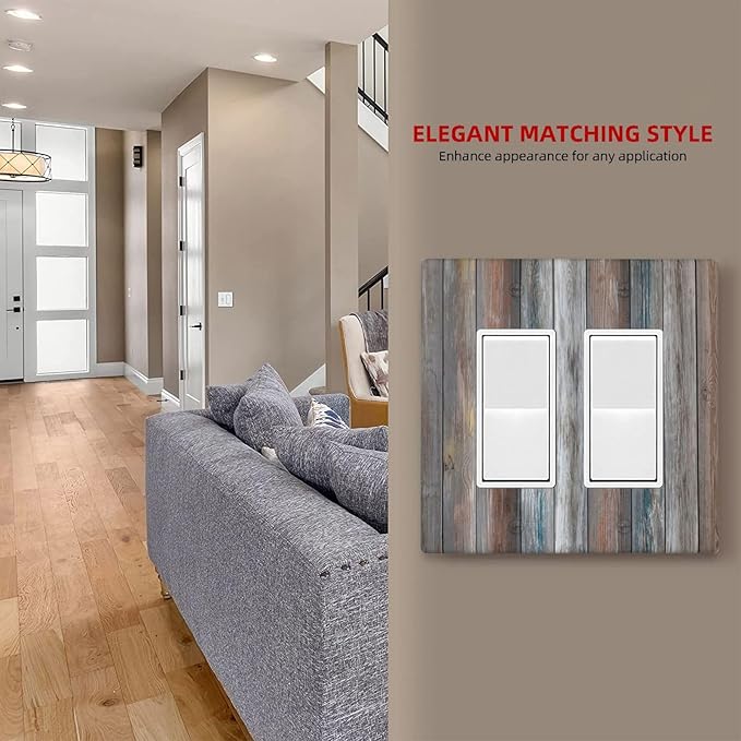 Outlet Covers Vintage Blue Grey Wood Plank 2 Gang Wall Plate Double Rocker Light Switch Cover Rustic Country Decorative GFCI Receptacle Cover Electrical Switchplate for Farmhouse Home Decor