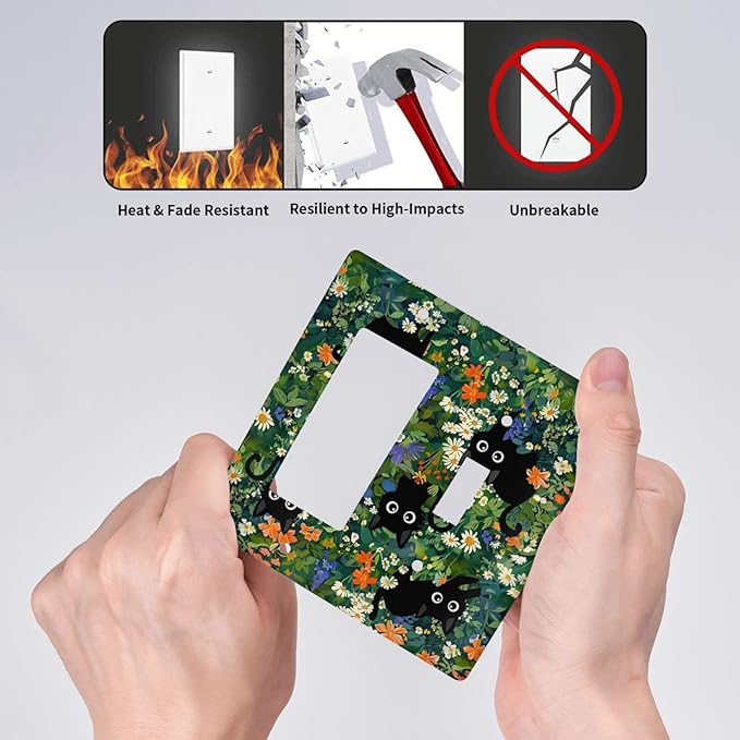 Cute Cool Funny Black Boho Cat 2 Gang Combination 1-Toggle 1-Decorator/Gfci Device Wall Plates Fun Cartoon Kid Boy Girl Forest One Rocker with Toggle Combo Light Switch Plates and Socket Outlet Covers