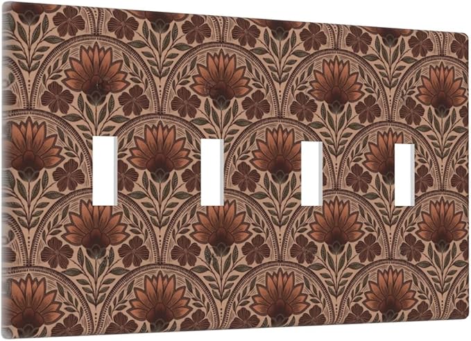 Earth Tone Floral Rustic Damask Boho Flower Light Switch Covers Quad Toggle Electrical Faceplate 4 Gang Wall Plate Decorative Switch Plates Cover for Farmhouse Home Decor