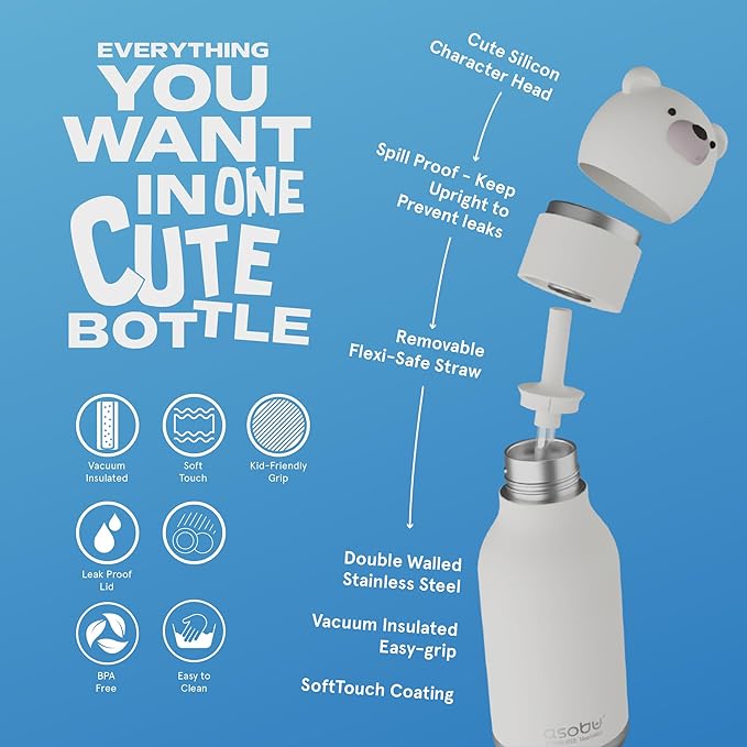asobu Bestie Bottle Insulated Stainless Steel Water Bottle with Detachable Soft Animal Head Fun Drinking For Kids and Teens with Flexible Reusable Straw 16 Ounce (Bear)