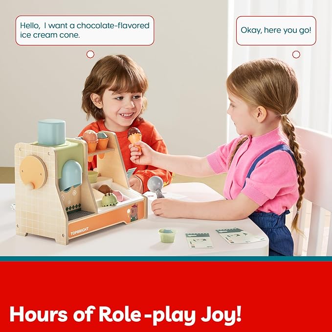 TOP BRIGHT Wooden Ice Cream Pretend Play Toys, Play Kitchen Set for Kids with Ice Cream Counter & Scoop & Menu, Montessori Toys for Boys Girls Capybara Gift Age 3+