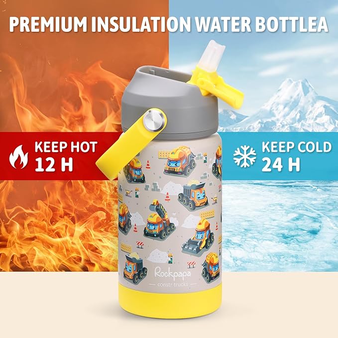 rockpapa 14 oz Kids Insulated Water Bottle，Stainless Steel Toddler Cups with Straws, BPA Free, Leak-Proof, Kids Water Bottle for School Boys& Girls (Grey Constr Trucks)