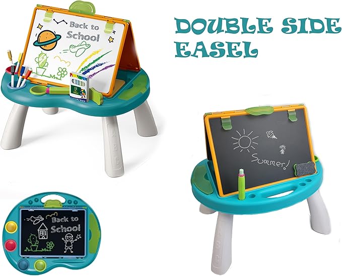 Kids Drawing Board Art Easel Toy Double Sided Chalkboard & Whiteboard Tabletop with Ludo Snakes Ladders Board Games, Dry Erase Markers, Chalk - Birthday Gift Toddler Boys Girls