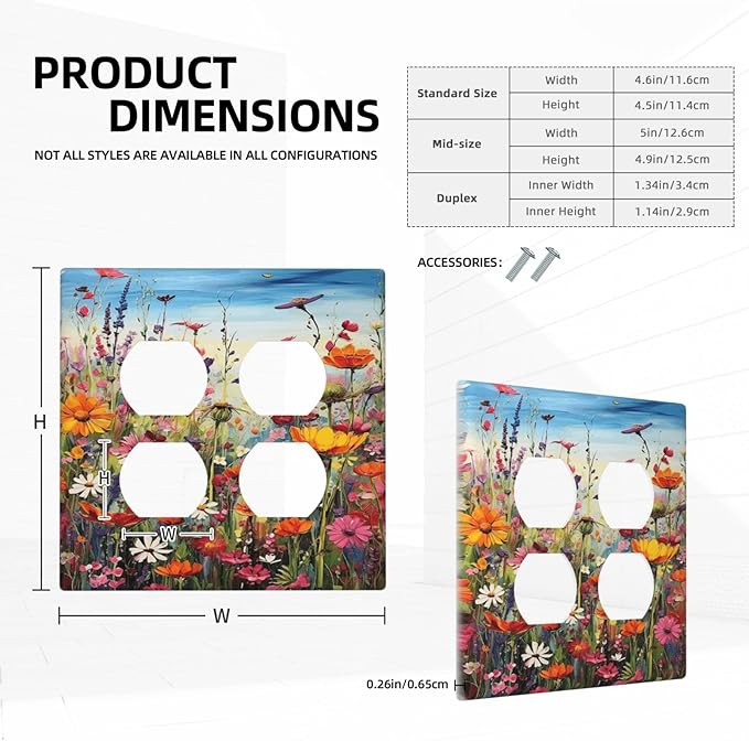 Colorful Wildflowers Painting Floral Flower Outlet Covers 2 Gang Double Duplex Decorative Light Switch Covers Electrical Wallplates Socket Faceplate for Bedroom Living Room Decor