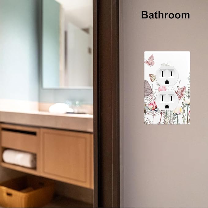 1-Gang Duplex Outlet Wall Plate, Pink Vintage Wildflower & Butterfly Printed Pattern Outlet Cover, Boho Cottage Decor for Bathroom Bedroom