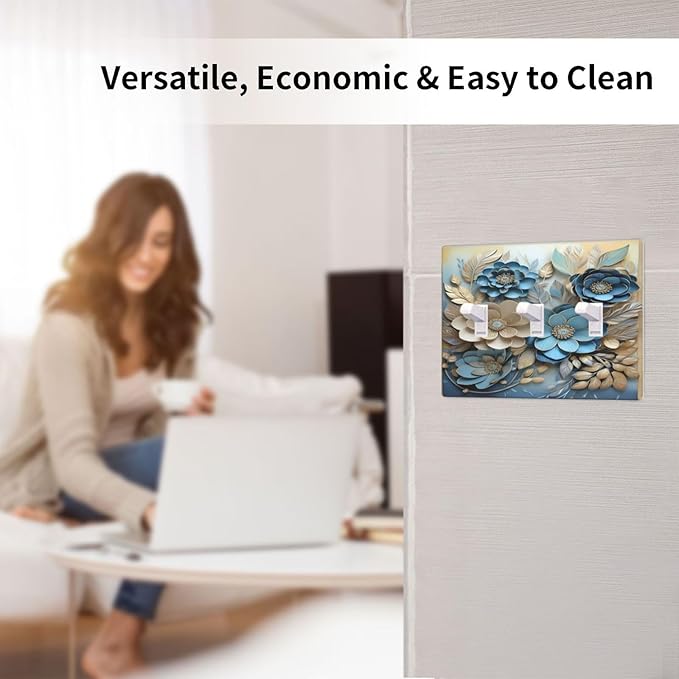 Decorative Art Light Switch Covers Blue and Creamy Floral 3 Gang Triple Toggle Wall Plate Decorative Switch plate Electrical Faceplate for Home Decor