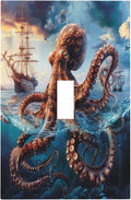 Light Switch Cover Plate Deep Ocean Octopus Sailboat Sea Monster 1 Gang Single Toggle Decorative Switch Plates Wall Plates Electrical Faceplate Socket Covers for Bathroom Bedroom Decor