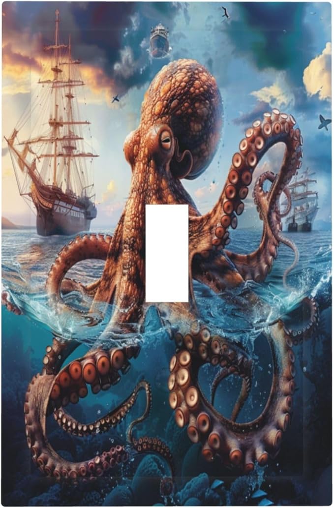 Light Switch Cover Plate Deep Ocean Octopus Sailboat Sea Monster 1 Gang Single Toggle Decorative Switch Plates Wall Plates Electrical Faceplate Socket Covers for Bathroom Bedroom Decor