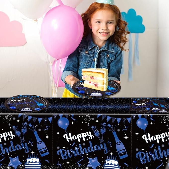 41PCS Navy Blue and Black Birthday Party Decorations Happy Birthday Tableware Supplies Set Including Plates Napkins Tablecloth for Men Women