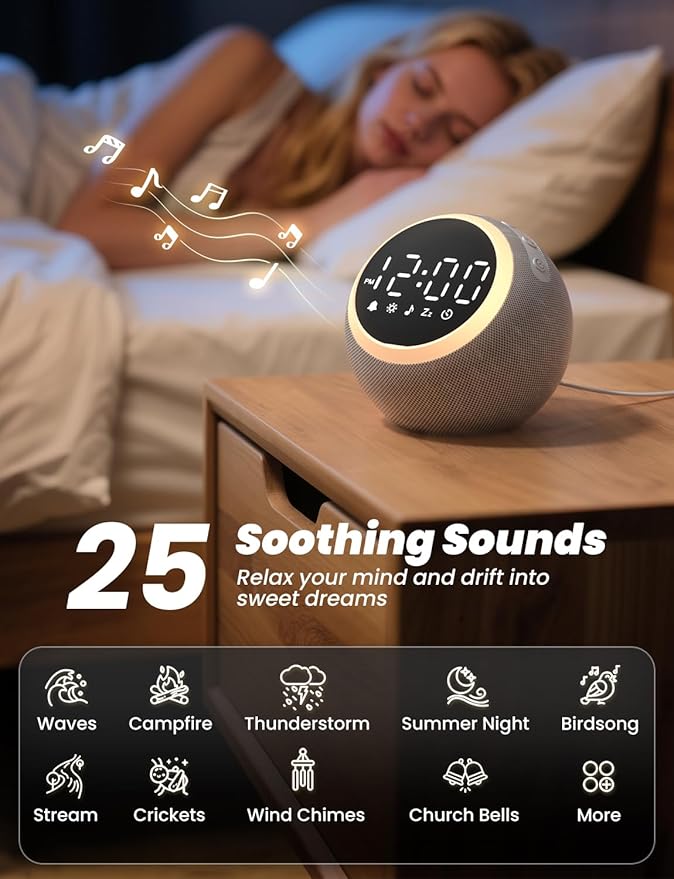 LIORQUE Alarm Clock with White Noise Machine & Night Light, 25 Soothing Sound, Adjustable Volume, Sleep Timer, Ideal for Baby Kids Adult, Easy to Use Alarm Clock for Bedrooms