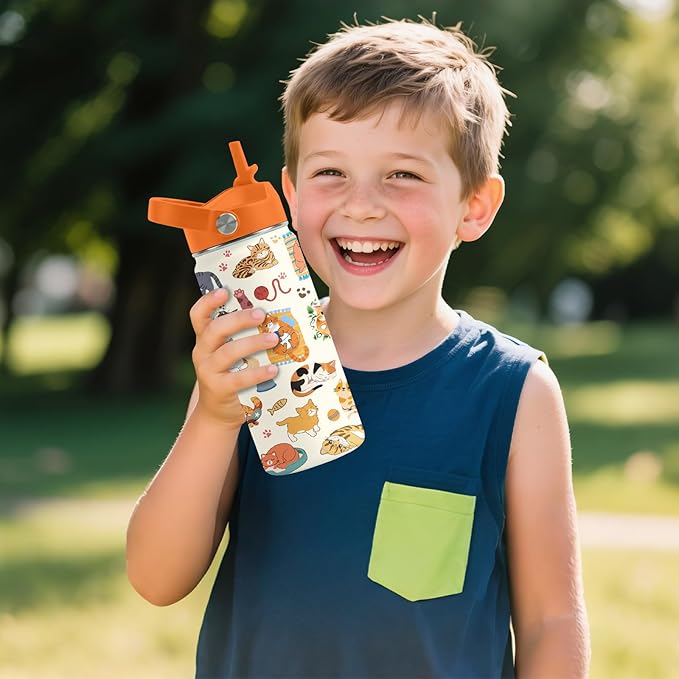 Cat Gifts for Kids - 16 Oz Orange Cat Water Bottle with Straw Lid, Stainless Steel Insulated Tumbler, Leak Proof, for Boys & Girls, School, Travel - Funny Cats Lovers Children Birthday Gifts Cups(1pc)
