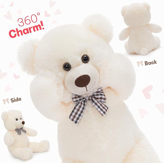 MorisMos White Teddy Bear Stuffed Animal, 20 Inch Bow Tie Classic Stuffed Bears Plush, Cuddly Hugging Bear Gift for Toddler, Kids, Baby Shower & Birthday, White