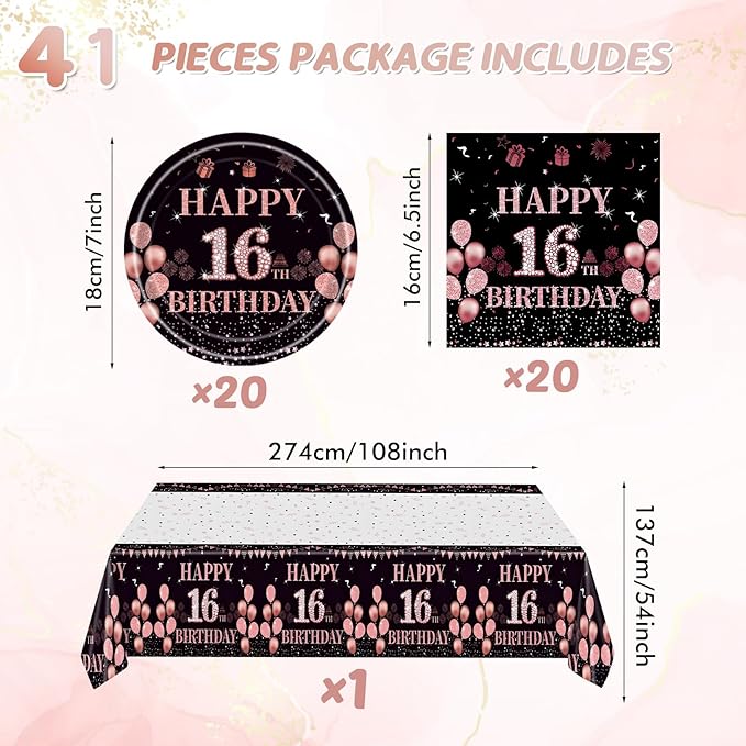 41Pcs 16th Birthday Party Decorations for Girls Her, Rose Gold Birthday Supplies Include 20 Plates 20 Napkins and 1 Tablecloth, Sweet Sixteen Year Old Birthday Party Tableware for Girls Kids Children