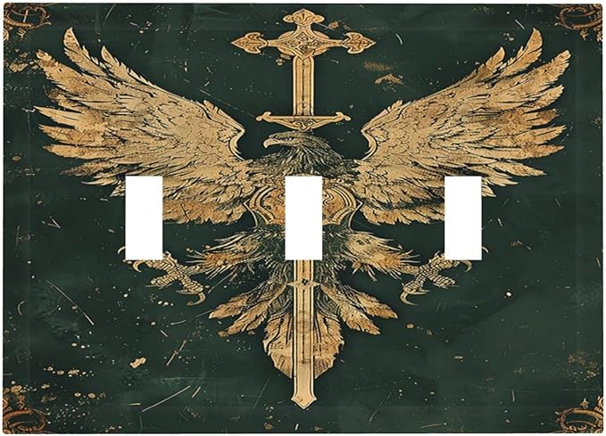 Medieval Retro Golden Eagle Totem Decorative Switch Plates 3 Gang Wall Plate Faceplate Electrical Wall Panels Triple Toggle Light Switch Cover for Bedroom Living Room Decor