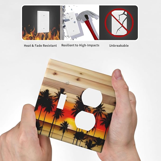 Sunset Beach Coconut Palm Tree Wooden Background Wallplates 1 Toggle 1 Duplex Switch Plate Electrical GFCI Faceplate Decorative Light Switch Covers for Bedroom Living Room Decor