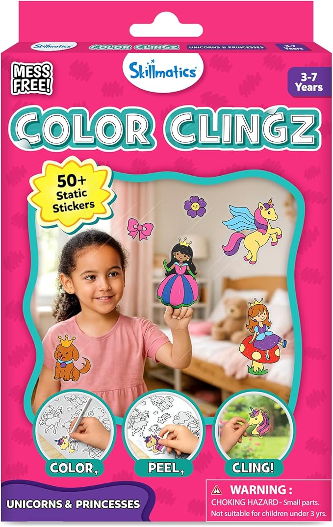 Skillmatics Cling Art – Color Clingz Unicorns & Princesses, 50+ Reusable Static Stickers, Mess-Free Fun for Kids, DIY Craft Kits & Supplies, Travel Toys, Creative Gifts for Kids Ages 3, 4, 5, 6, 7