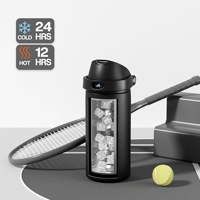 POWCAN 18 oz Insulated Water Bottle: 2-in-1 Push-Button Spout & Quick-Flip Straw, Leakproof, Cold 24Hrs, Fits Car Cup Holder, Stainless Steel Water Bottle for Sports, Travel, School (Very Black)