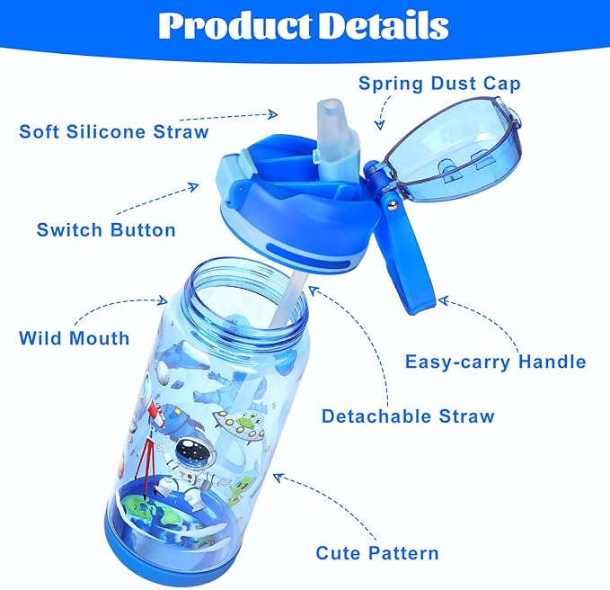 decalsweet Kids Water Bottle 20oz Durable Leak-Proof Plastic Water Cup for Kids Toddlers,With Straw Handle and Pop-Up Spout Cover,Safe for School Sports Daycare Travel & Camp Pack of 2