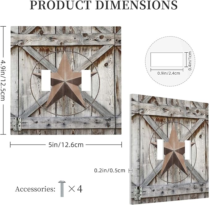 Rustic Western Texas Star Barn Door Double Toggle Light Switch Cover Decorative Vintage Wood 2 Gang Wall Plate Electrical Faceplate Switchplate for Farmhouse Bathroom Home Living Room Decor