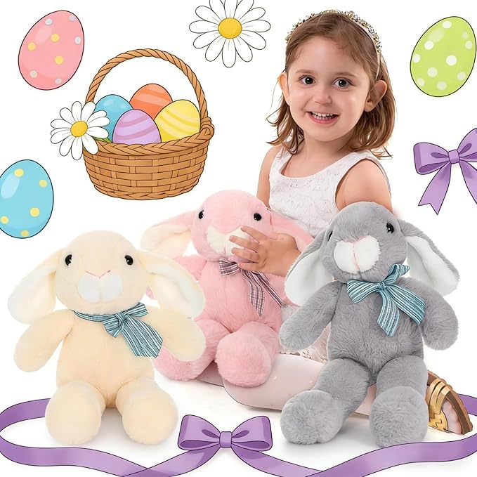 BENINY Easter Bunny Stuffed Animal 14" in Bulk, 3Pcs Cute Stuffed Bunny Rabbit Plush Toys Gift for Girls Kids, Grey/White/Pink