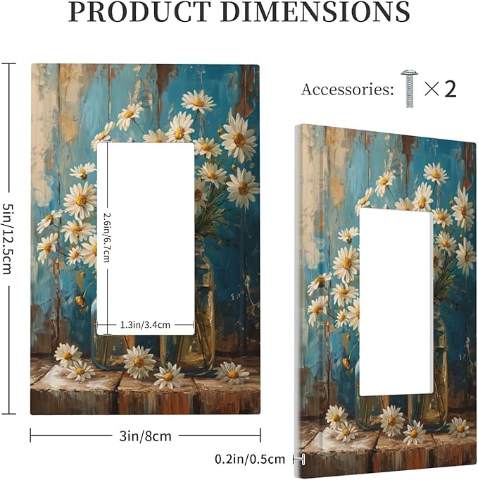 Delicate White Daisy Jars Retro Wood Background Decorative Outlet Covers 1 Gang Single Rocker Light Switch Cover Plate Wall Plates GFCI Faceplate for Farmhouse Home Decor