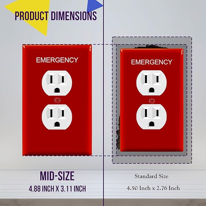 ENERLITES Duplex Receptacle Outlet Wall Plate with Emergency Label, Electrical Outlet Cover, Mid-Size Size 1-Gang 4.88" x 3.11", Unbreakable Polycarbonate Thermoplastic, UL Listed, 8821M-ER, Red
