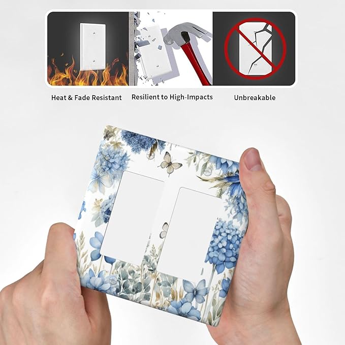 Decorative Outlet Covers Boho Blue Flowers Rustic Beige Butterfly Leaves 2 Gang Wall Plate Double Rocker Switch Light Switch Plate Covers Jumbo Dual Electrical GFCI Switch Cover Plate