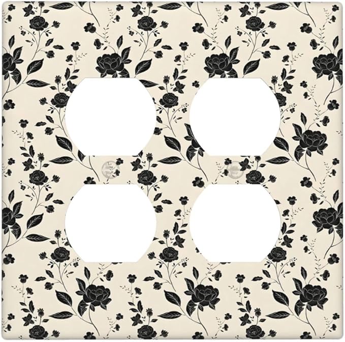Black Rose Dark Romance Wildflowers Floral Outlet Covers 2 Gang Double Duplex Decorative Light Switch Covers Electrical Wallplates Socket Faceplate for Bedroom Living Room Decor
