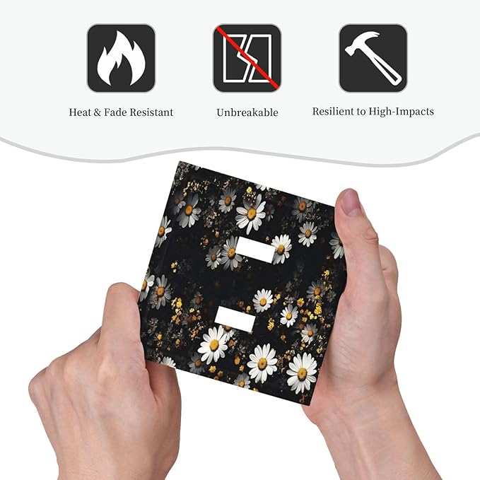 White Black Daisy Wildflower Modern Chrysanthemum Decorative Switch Plates 2 Gang Double Toggle Outlet Light Switch Cover Wall Plate Electrical Faceplate for Bedroom Farmhouse Decor