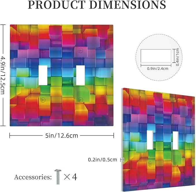 3D Colorful Rainbow Wall Abstract Squre Shaped Double Toggle Light Switch Covers Decorative Unique 2 Gang Wall Plate Dual Electrical Faceplate Switchplate for Bathroom Living Room Decor