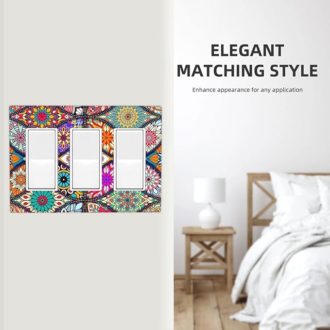 Bohemian Triple Rocker Light Switch Plate Covers Decorative Gifi Lightswitch Faceplate colorful Vintage Floral Mandala Flower 3 Gang Decora Wall Plate for Bathroom Kitchen 6.38" X 4.9"