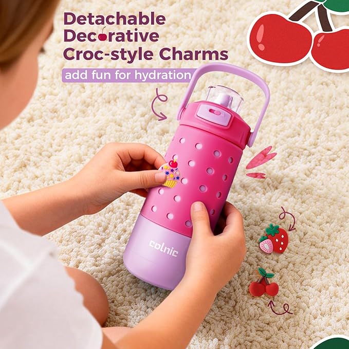 Kids Water Bottle for School 12 oz,Kids Vacuum Insulated Stainless Steel Water Bottles,Toddler Boy Water Bottle for School with Leak Proof Locking Lid(Jelly Pink)