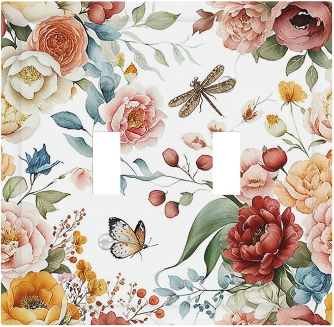 Rustic Style Colorful Peony Butterfly Dragonfly Decorative Switch Plates 2 Gang Double Toggle Wall Plate Electrical Faceplate Outlet Light Switch Cover for Bedroom Living Room Decor