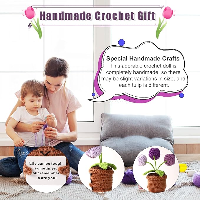 TOYMIS Positive Tulip, Soft Knitted Crochet Tulip with Encouragement Card Inspirational Positive Plant Crochet Flower Wool Doll Emotional Pot Plush Support Gifts for Men Women