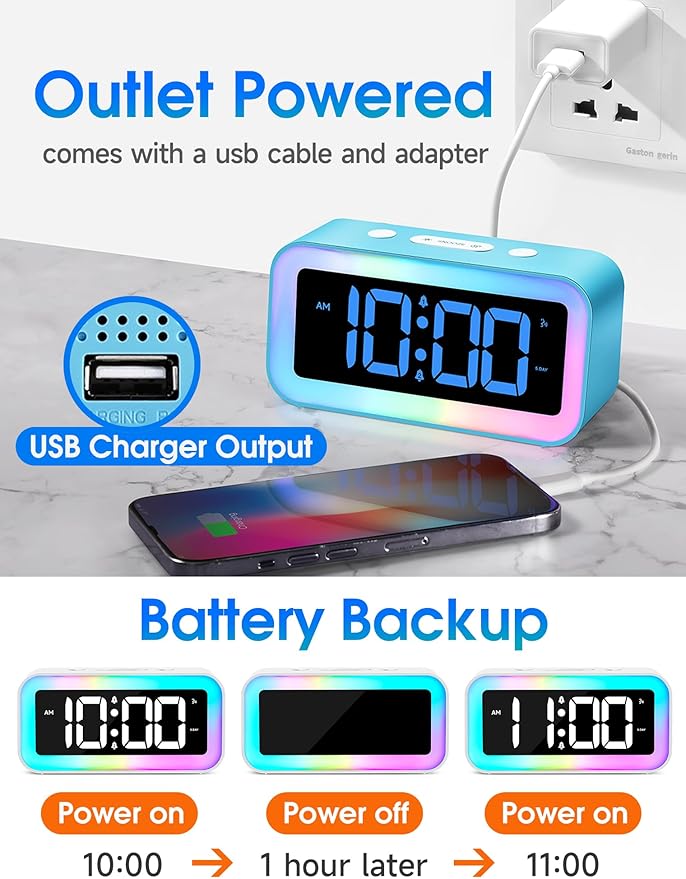 Cadmos Loud Alarm Clock for Bedrooms with Dynamic RGB Night Light,Heavy Sleepers Adults,Dual Alarm,Dimmer,USB Charger,Small Bedside Digital Clock with Led Display for Kids,Teens,Seniors (Blue)