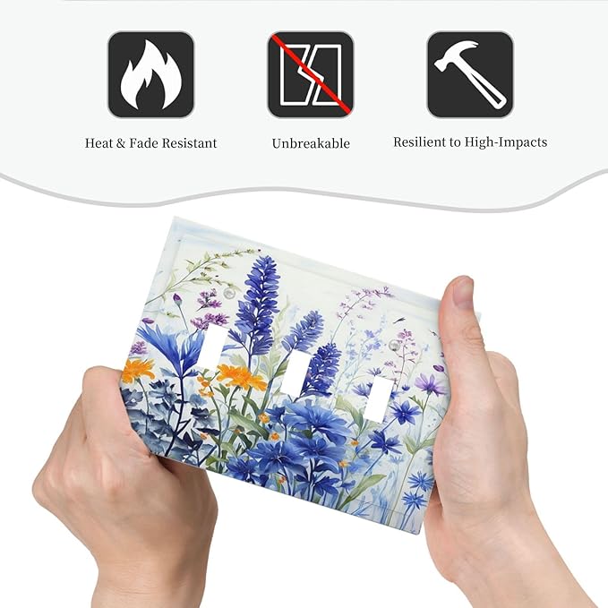 Light Switch Cover Plate Lavender Watercolor Wildflowers Colorful floral 3 Gang Triple Toggle Decorative Switch Plates Wall Plates Electrical Switchplate Faceplate for Bathroom Bedroom Decor