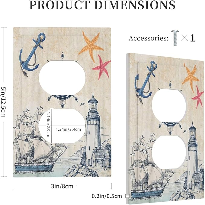 Nautical Sailboat Beach Anchor Pirate Beacon Ocean 1 Gang Outlet Plate Decorative Single Duplex Wall Plate Covers Electrical Receptacle Light Switch Cover Faceplate Switchplate for Farmhouse Decor