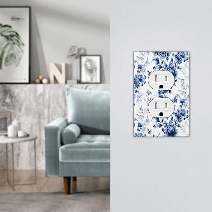 Blue Flower White Floral Plant Bird Butterfly Outlet Covers 1 Gang Duplex Light Switch Cover Decorative Switch Plates Electrical Receptacle Faceplate Wall Plate for Bedroom Living Room Decor