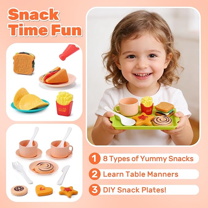 CUTE STONE 70+ PCS Kids Play Kitchen Accessories, Pretend Cooking Toys with Peelable & Cuttable Play Food, Cookware, Tableware & Utensils, Shopping Basket, Tray, Educational Gift for Girls & Boys